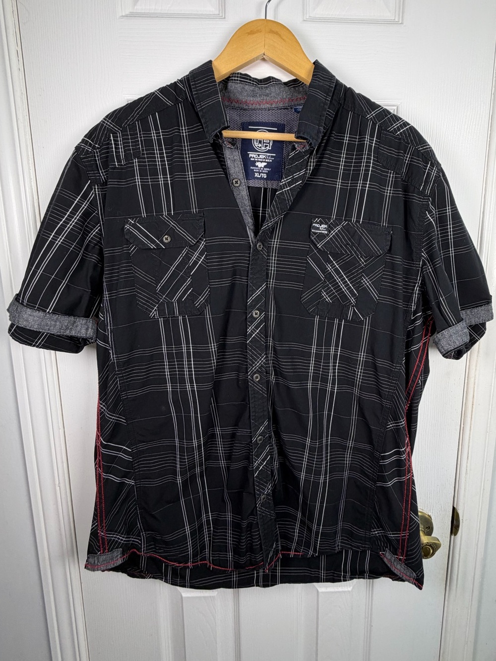 Projek Raw Black Plaid Button-Up Shirt XL Cotton Short Sleeve Streetwear Grunge